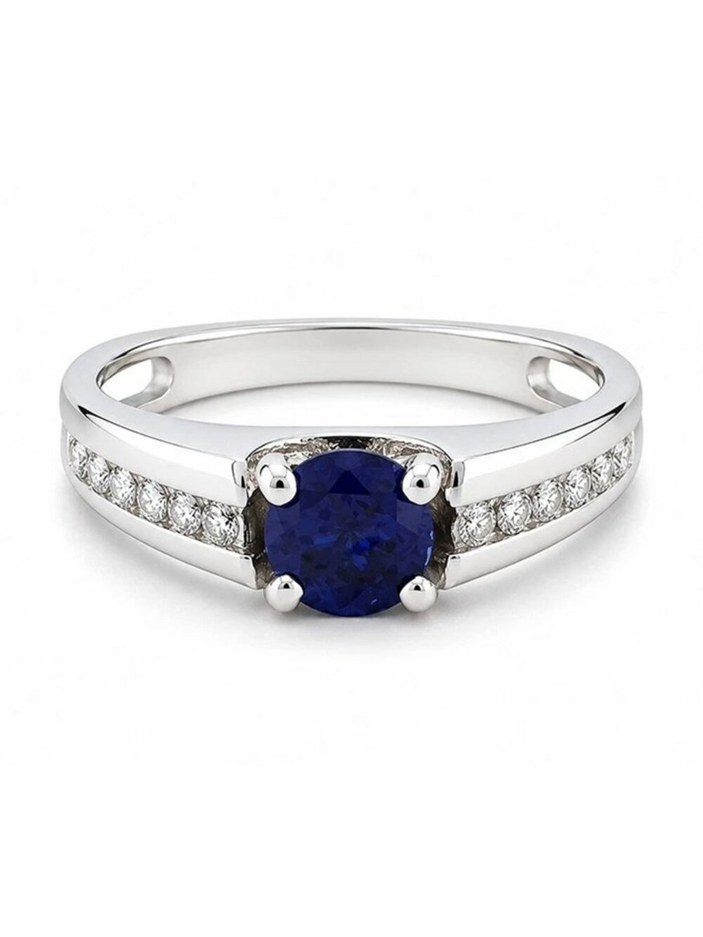 Natural 0.68 Cts Blue Sapphire & Diamonds Ring 14k White Gold